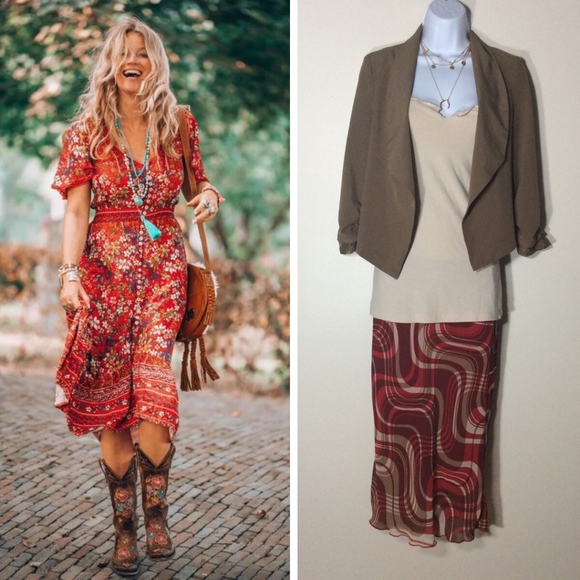 🌺 4PC SWIRL RED SKIRT TAN TANK COVER BLAZER CHAIN - Picture 8 of 8